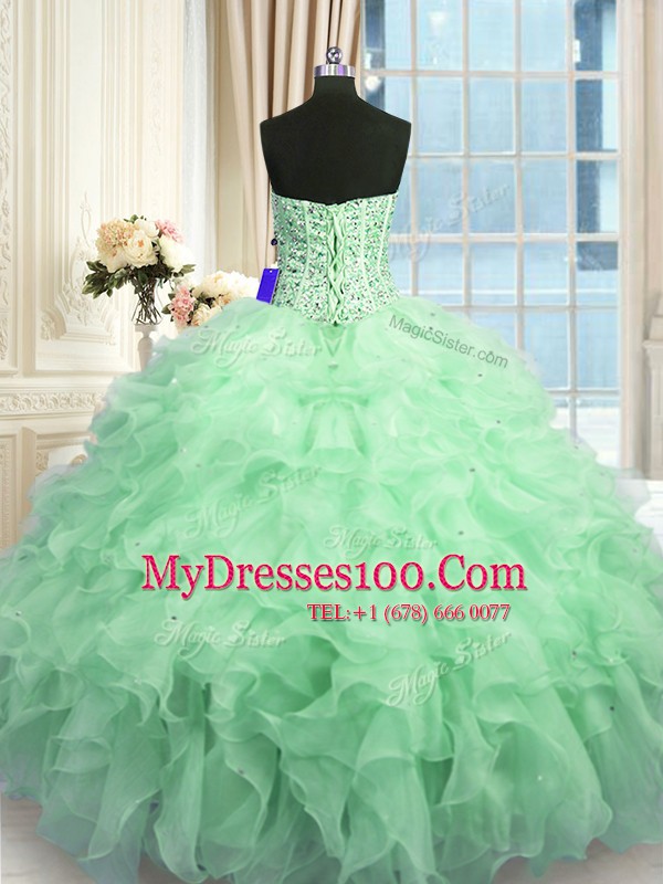 High Quality Floor Length Apple Green Quinceanera Gown Organza Sleeveless Beading and Ruffles and Sequins