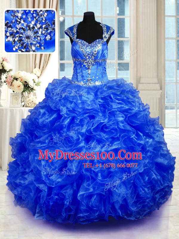 Royal Blue Lace Up Straps Beading and Ruffles Vestidos de Quinceanera Organza Cap Sleeves
