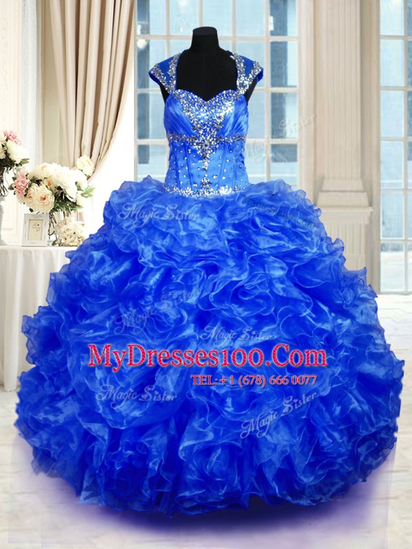 Royal Blue Lace Up Straps Beading and Ruffles Vestidos de Quinceanera Organza Cap Sleeves