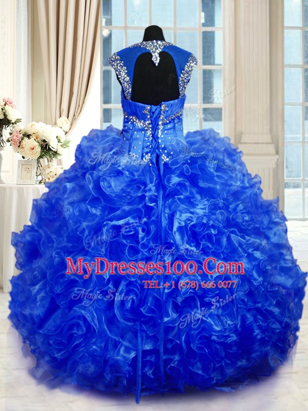Royal Blue Lace Up Straps Beading and Ruffles Vestidos de Quinceanera Organza Cap Sleeves