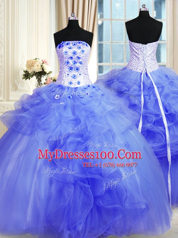 Popular Blue Ball Gowns Tulle Strapless Sleeveless Pick Ups and Hand Made Flower Floor Length Lace Up Vestidos de Quinceanera