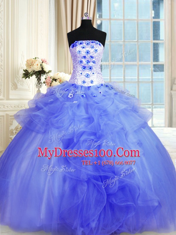 Popular Blue Ball Gowns Tulle Strapless Sleeveless Pick Ups and Hand Made Flower Floor Length Lace Up Vestidos de Quinceanera