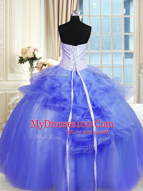 Popular Blue Ball Gowns Tulle Strapless Sleeveless Pick Ups and Hand Made Flower Floor Length Lace Up Vestidos de Quinceanera