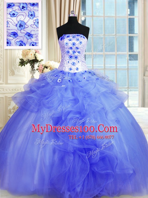 Popular Blue Ball Gowns Tulle Strapless Sleeveless Pick Ups and Hand Made Flower Floor Length Lace Up Vestidos de Quinceanera
