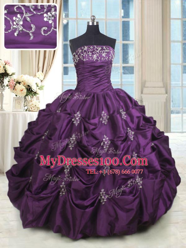 Cheap Pick Ups Ball Gowns Ball Gown Prom Dress Dark Purple Strapless Taffeta Sleeveless Floor Length Lace Up