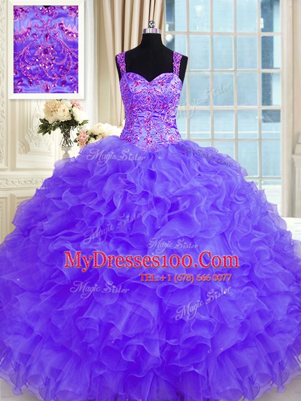 Best Selling Ball Gowns Sweet 16 Dresses Purple Straps Organza Long Sleeves Floor Length Lace Up