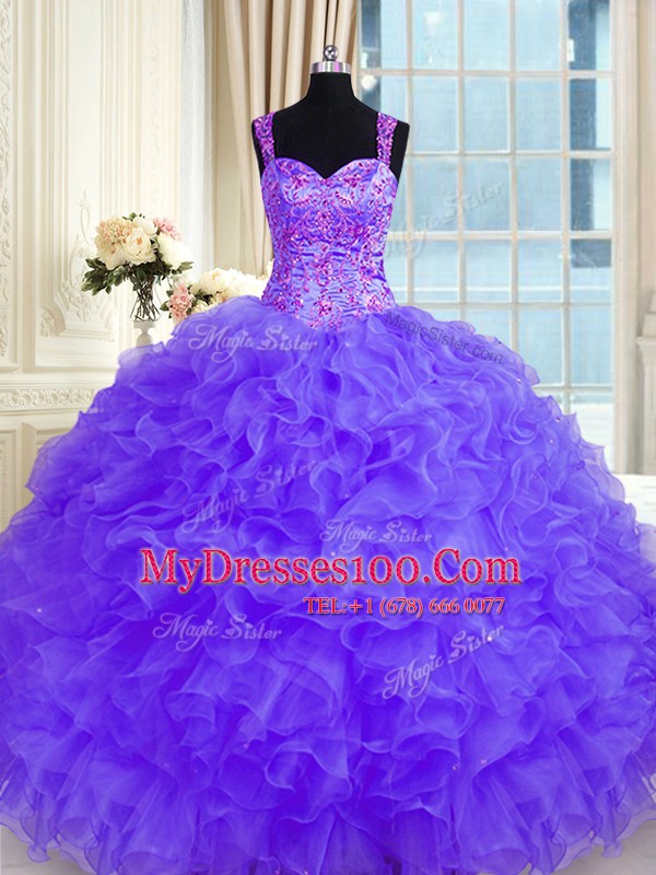 Best Selling Ball Gowns Sweet 16 Dresses Purple Straps Organza Long Sleeves Floor Length Lace Up