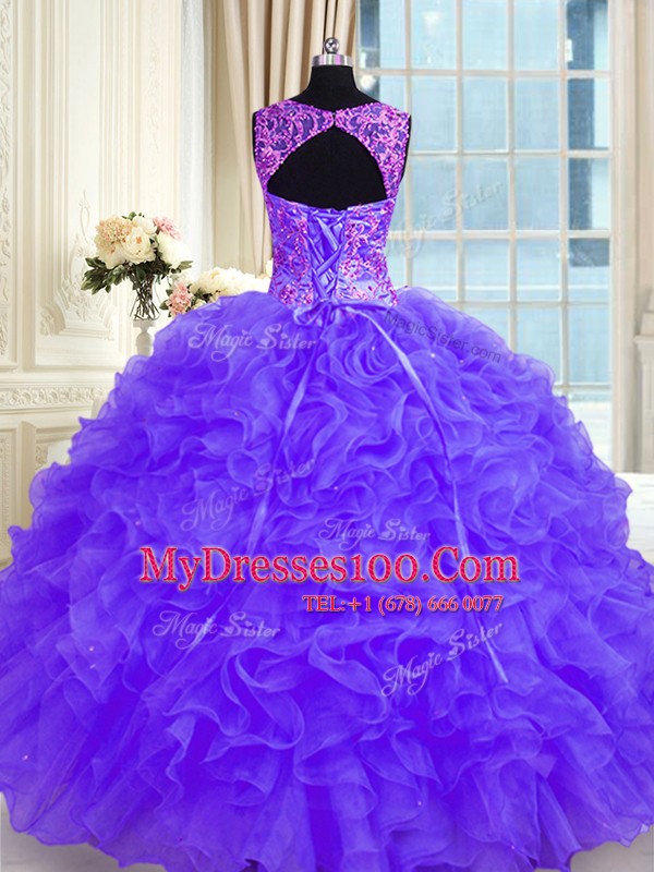 Best Selling Ball Gowns Sweet 16 Dresses Purple Straps Organza Long Sleeves Floor Length Lace Up