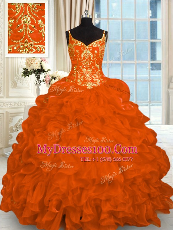 Sumptuous Sleeveless Beading and Ruffles Lace Up Sweet 16 Dresses with Orange Red Brush Train