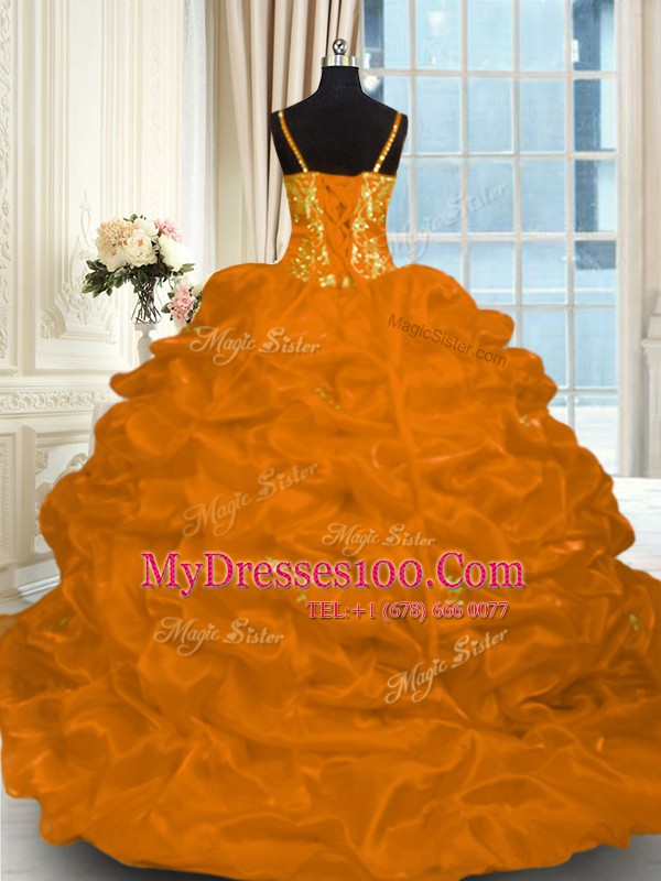 Sumptuous Sleeveless Beading and Ruffles Lace Up Sweet 16 Dresses with Orange Red Brush Train