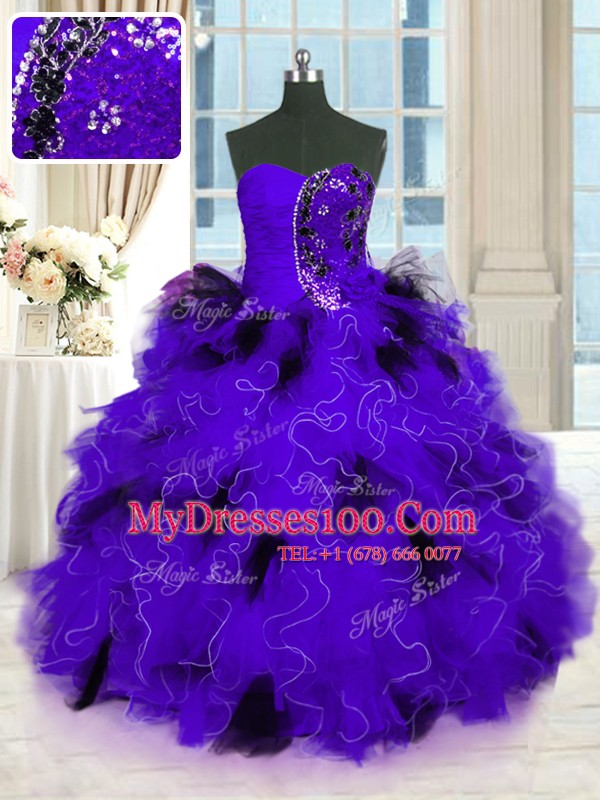 Exquisite Strapless Sleeveless Sweet 16 Dresses Floor Length Beading and Ruffles Black And Purple Tulle