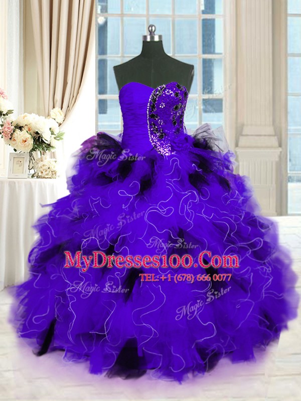 Exquisite Strapless Sleeveless Sweet 16 Dresses Floor Length Beading and Ruffles Black And Purple Tulle