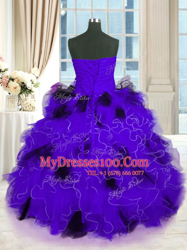 Exquisite Strapless Sleeveless Sweet 16 Dresses Floor Length Beading and Ruffles Black And Purple Tulle
