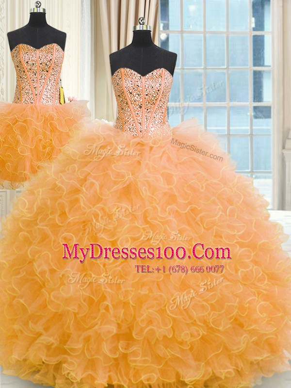 Attractive Three Piece Orange Sleeveless Floor Length Beading and Ruffles Lace Up Ball Gown Prom Dress