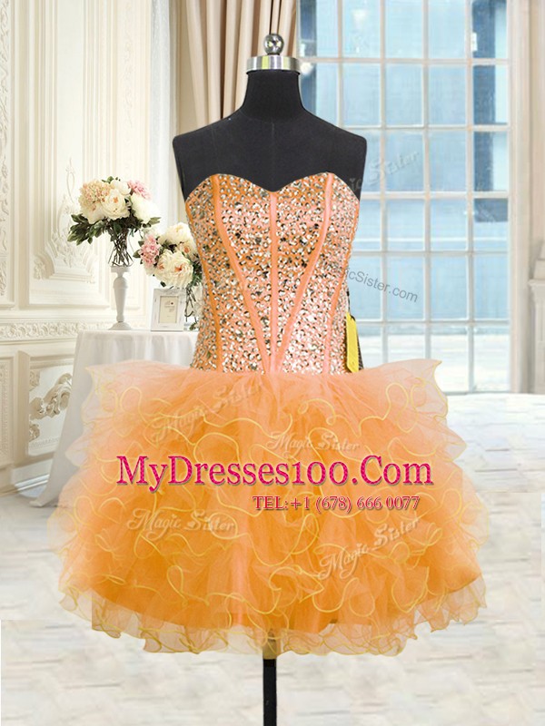 Attractive Three Piece Orange Sleeveless Floor Length Beading and Ruffles Lace Up Ball Gown Prom Dress