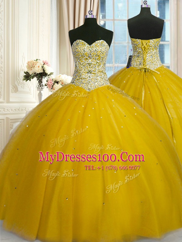 Excellent Gold Sleeveless Floor Length Beading and Sequins Lace Up 15 Quinceanera Dress