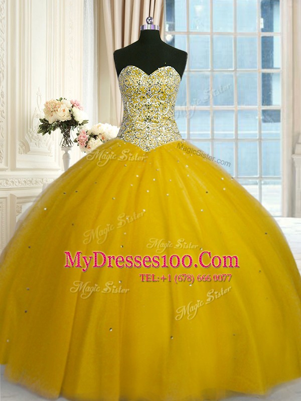 Excellent Gold Sleeveless Floor Length Beading and Sequins Lace Up 15 Quinceanera Dress