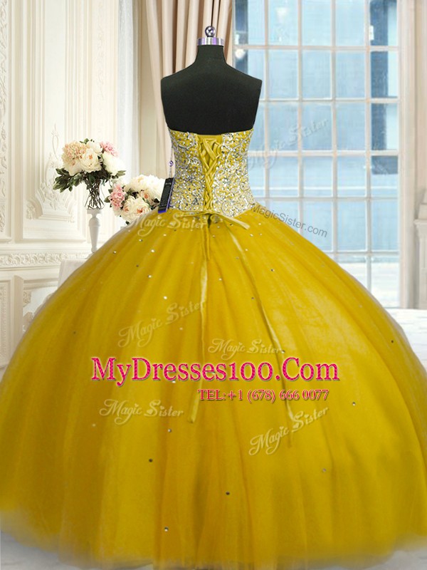 Excellent Gold Sleeveless Floor Length Beading and Sequins Lace Up 15 Quinceanera Dress