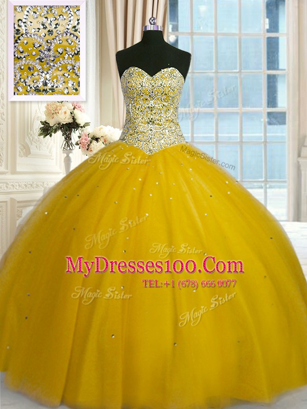 Excellent Gold Sleeveless Floor Length Beading and Sequins Lace Up 15 Quinceanera Dress