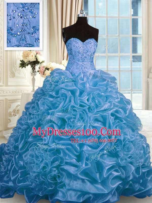 Simple Pick Ups Ball Gowns Sleeveless Blue 15th Birthday Dress Sweep Train Lace Up
