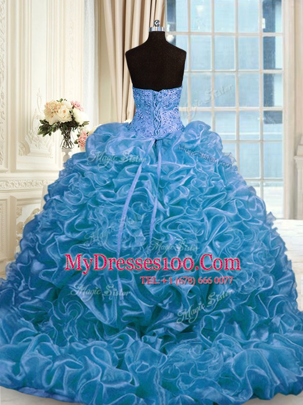 Simple Pick Ups Ball Gowns Sleeveless Blue 15th Birthday Dress Sweep Train Lace Up