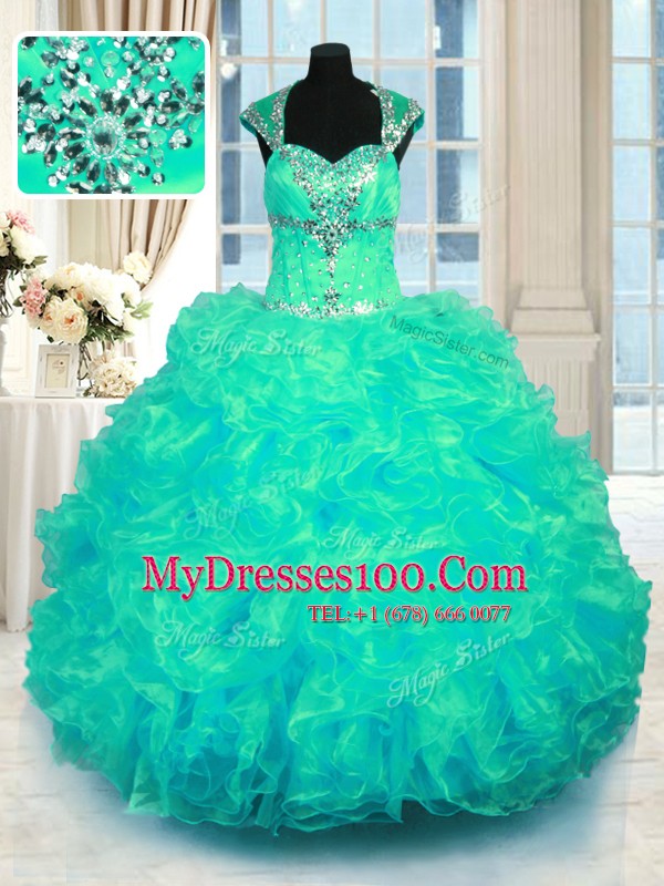 Floor Length Turquoise Sweet 16 Dresses Organza Cap Sleeves Beading and Ruffles