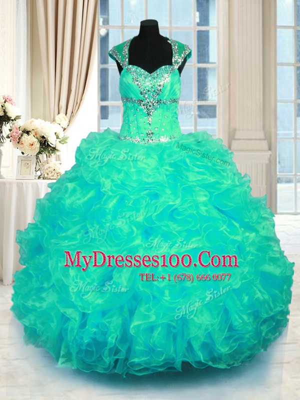Floor Length Turquoise Sweet 16 Dresses Organza Cap Sleeves Beading and Ruffles