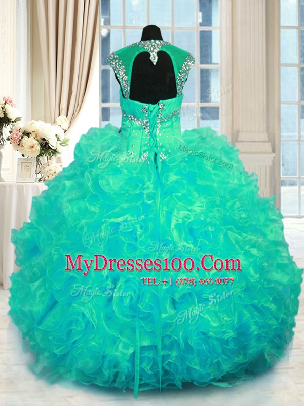 Floor Length Turquoise Sweet 16 Dresses Organza Cap Sleeves Beading and Ruffles