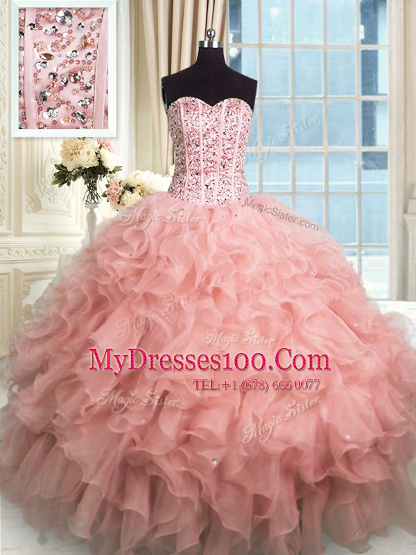 Free and Easy Rose Pink Sleeveless Organza Lace Up Ball Gown Prom Dress for Military Ball and Sweet 16 and Quinceanera