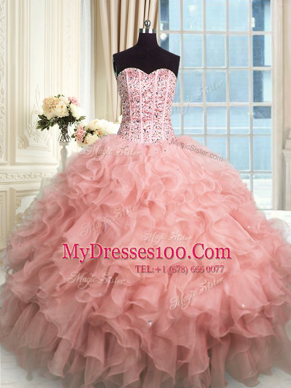 Free and Easy Rose Pink Sleeveless Organza Lace Up Ball Gown Prom Dress for Military Ball and Sweet 16 and Quinceanera
