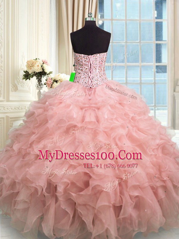 Free and Easy Rose Pink Sleeveless Organza Lace Up Ball Gown Prom Dress for Military Ball and Sweet 16 and Quinceanera