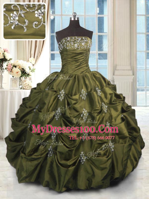 Olive Green Ball Gowns Strapless Sleeveless Taffeta Floor Length Lace Up Beading and Appliques and Embroidery and Pick Ups 15th Birthday Dress