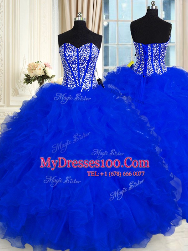 Custom Design Royal Blue Lace Up Sweetheart Beading and Ruffles Quinceanera Gown Organza Sleeveless