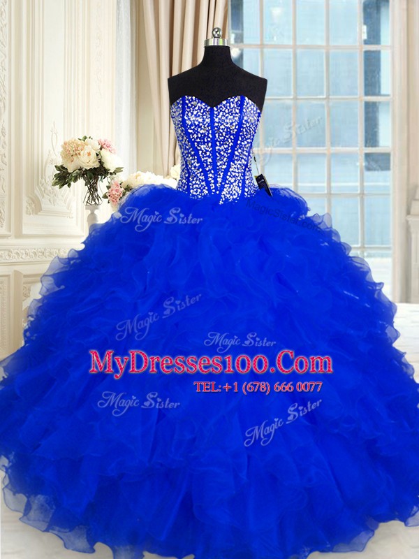 Custom Design Royal Blue Lace Up Sweetheart Beading and Ruffles Quinceanera Gown Organza Sleeveless