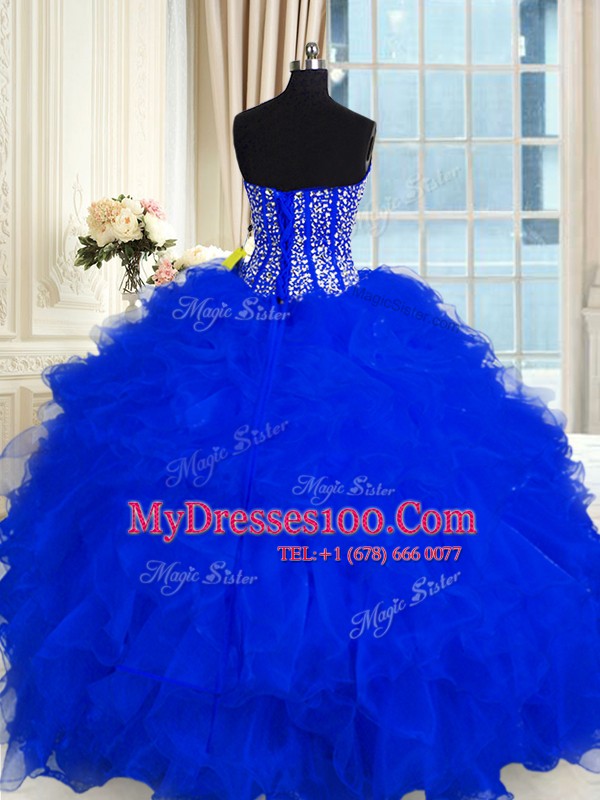Custom Design Royal Blue Lace Up Sweetheart Beading and Ruffles Quinceanera Gown Organza Sleeveless