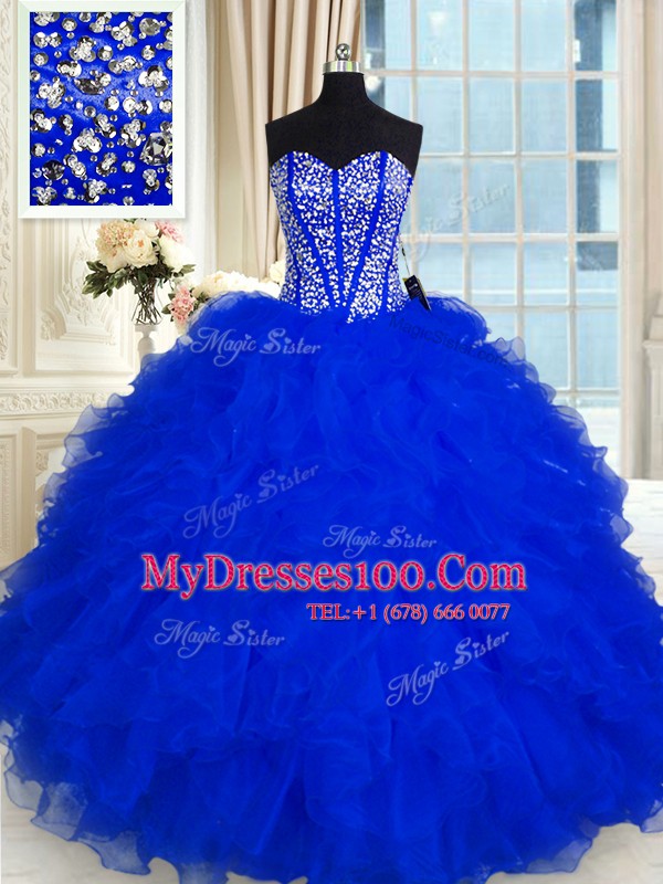 Custom Design Royal Blue Lace Up Sweetheart Beading and Ruffles Quinceanera Gown Organza Sleeveless