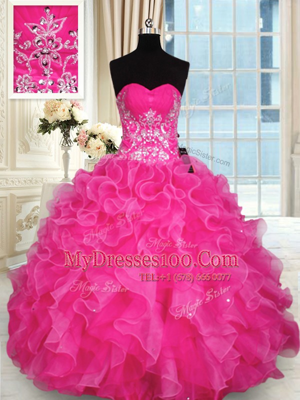 Modest Hot Pink Sweetheart Neckline Beading and Appliques and Ruffles Quinceanera Gowns Sleeveless Lace Up