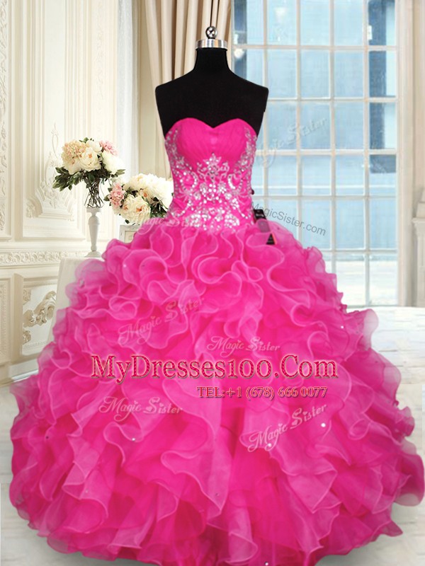 Modest Hot Pink Sweetheart Neckline Beading and Appliques and Ruffles Quinceanera Gowns Sleeveless Lace Up