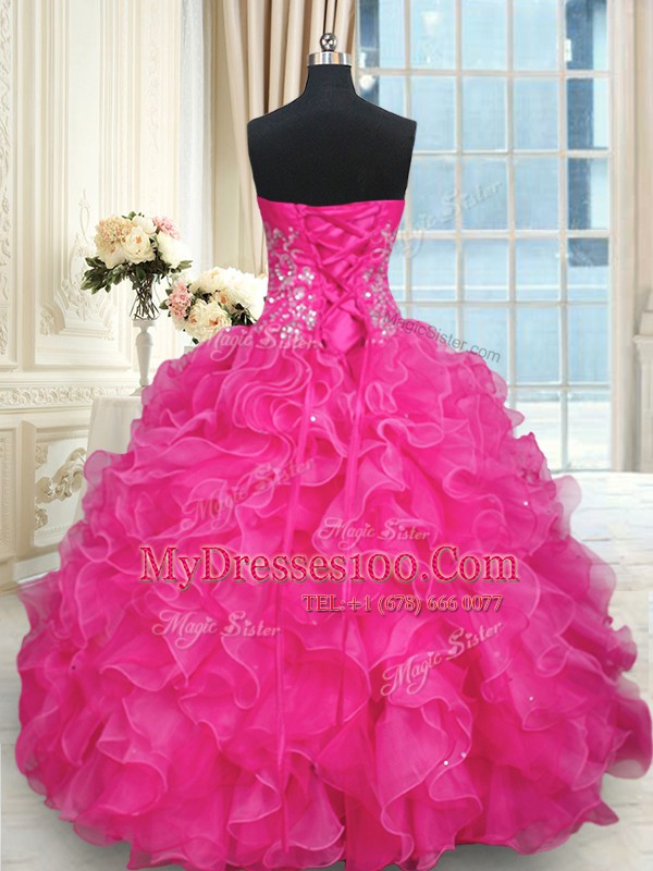 Modest Hot Pink Sweetheart Neckline Beading and Appliques and Ruffles Quinceanera Gowns Sleeveless Lace Up