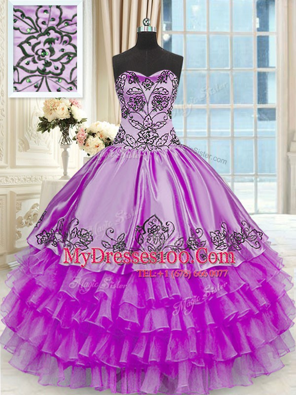 Artistic Purple Ball Gowns Organza and Taffeta Sweetheart Sleeveless Beading and Embroidery and Ruffled Layers Floor Length Lace Up Sweet 16 Dress