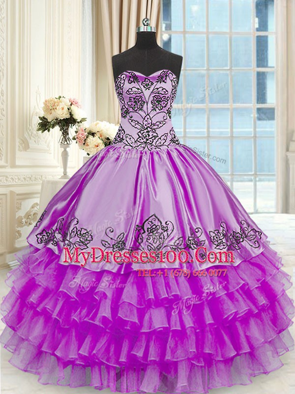 Artistic Purple Ball Gowns Organza and Taffeta Sweetheart Sleeveless Beading and Embroidery and Ruffled Layers Floor Length Lace Up Sweet 16 Dress
