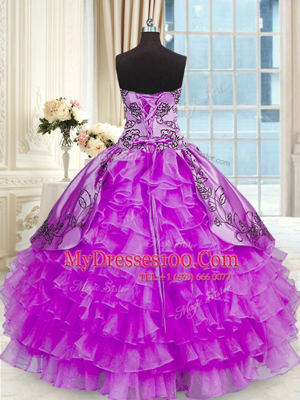 Artistic Purple Ball Gowns Organza and Taffeta Sweetheart Sleeveless Beading and Embroidery and Ruffled Layers Floor Length Lace Up Sweet 16 Dress