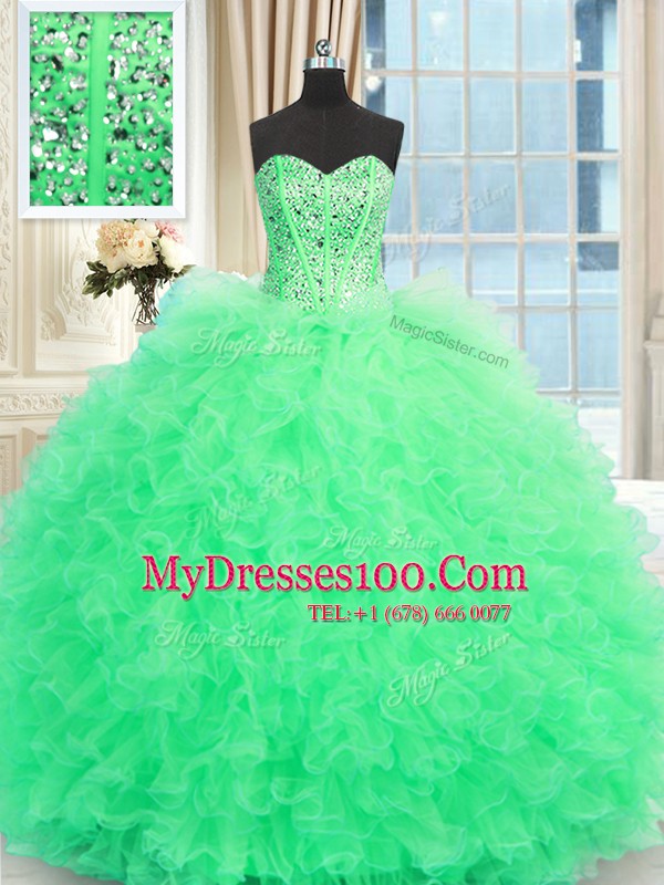 Apple Green Lace Up Sweetheart Beading and Ruffles 15 Quinceanera Dress Tulle Sleeveless