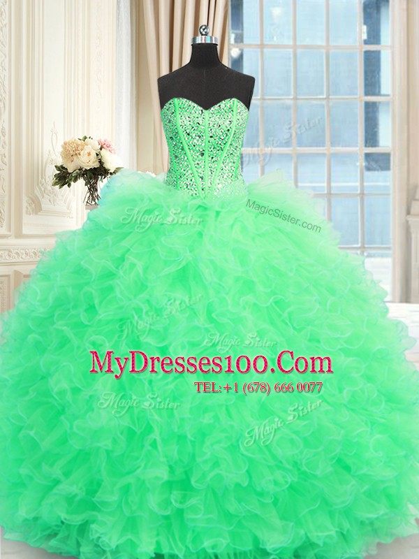 Apple Green Lace Up Sweetheart Beading and Ruffles 15 Quinceanera Dress Tulle Sleeveless