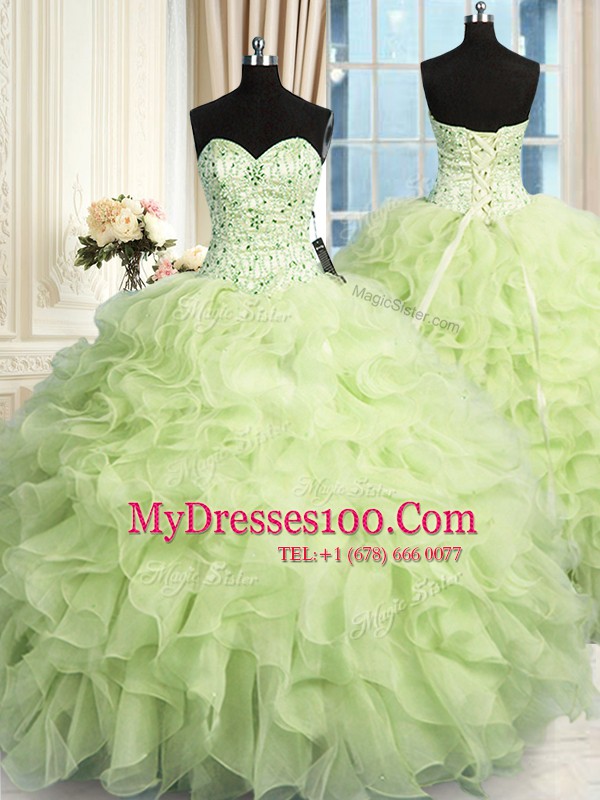 Classical Yellow Green Sleeveless Floor Length Beading and Ruffles Lace Up Sweet 16 Dresses