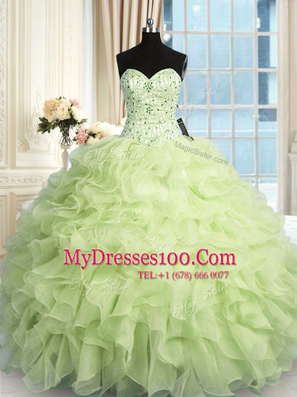 Classical Yellow Green Sleeveless Floor Length Beading and Ruffles Lace Up Sweet 16 Dresses