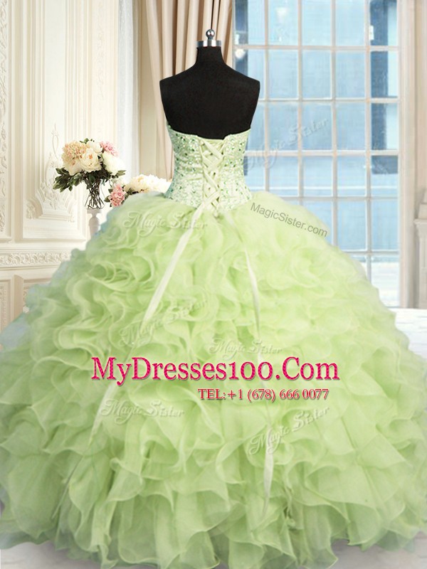 Classical Yellow Green Sleeveless Floor Length Beading and Ruffles Lace Up Sweet 16 Dresses