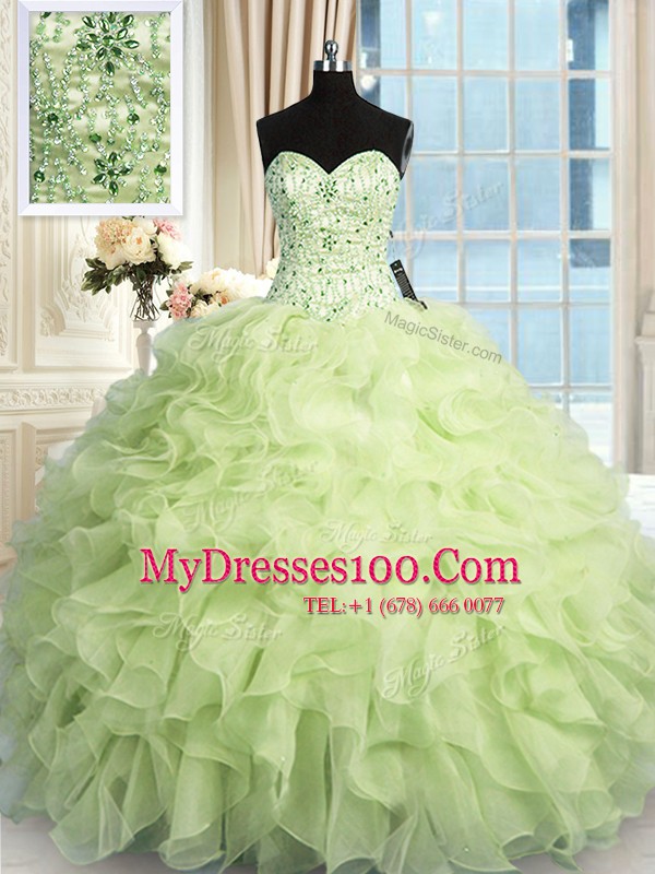 Classical Yellow Green Sleeveless Floor Length Beading and Ruffles Lace Up Sweet 16 Dresses