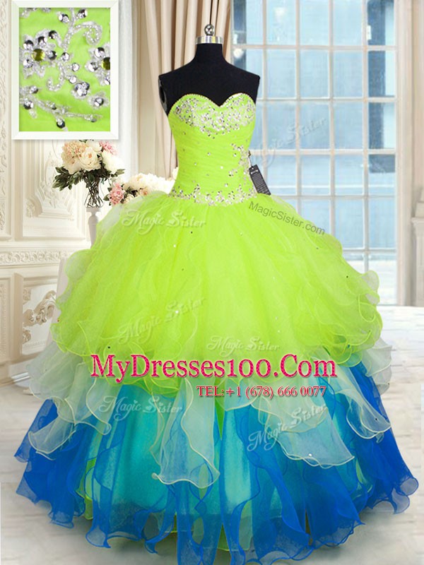 High Class Sleeveless Lace Up Floor Length Beading and Ruffles Vestidos de Quinceanera