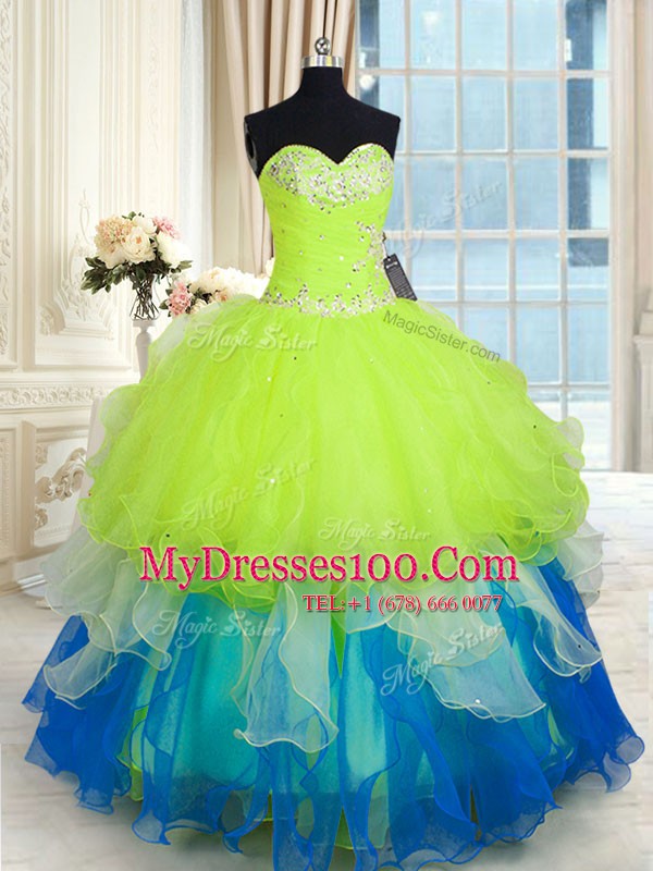 High Class Sleeveless Lace Up Floor Length Beading and Ruffles Vestidos de Quinceanera